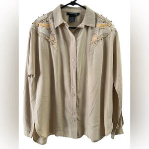 Tan beaded silk vintage button down shirt